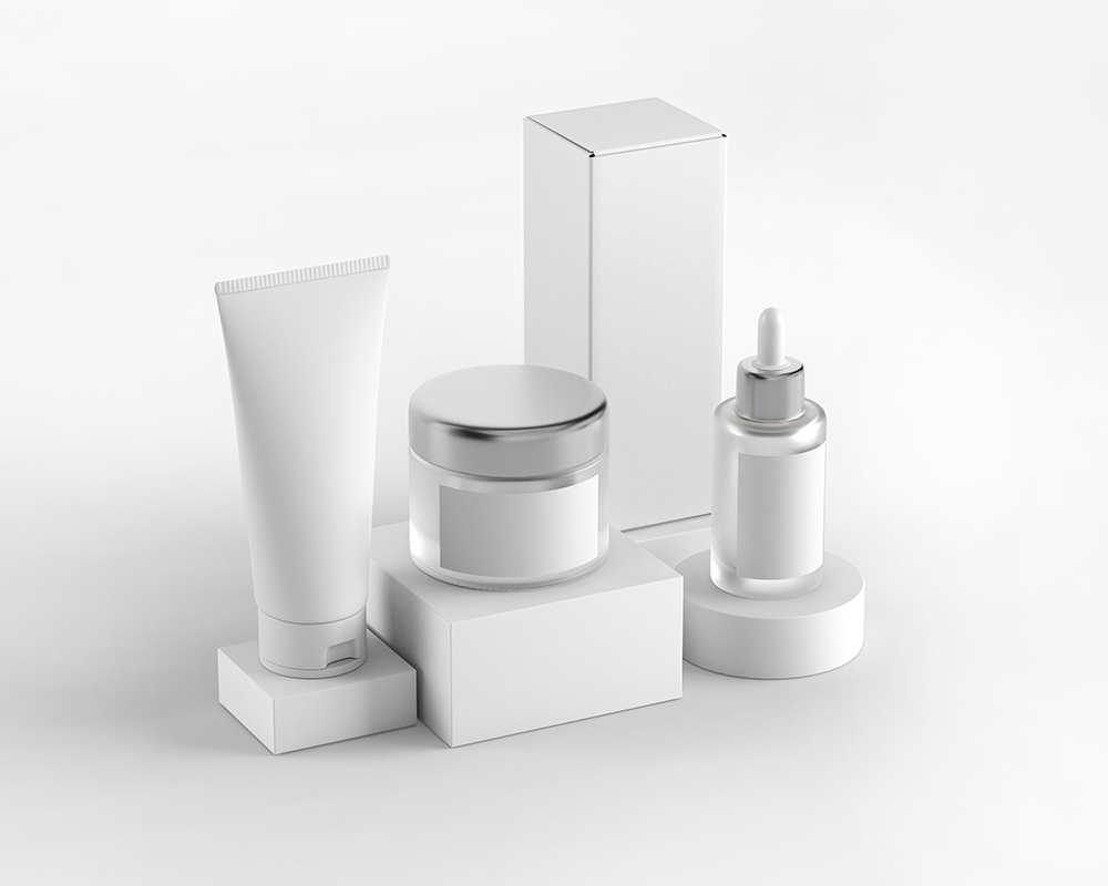 Perspective View of a Cosmetic Set with Their Packaging Boxes Mockup