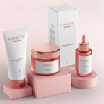Perspective View of a Cosmetic Set with Their Packaging Boxes Mockup
