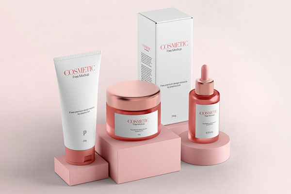 Perspective View of a Cosmetic Set with Their Packaging Boxes Mockup