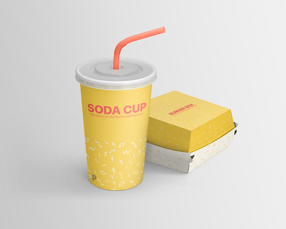 Perspective View of a Soda Cup and a Burger Box Mockup