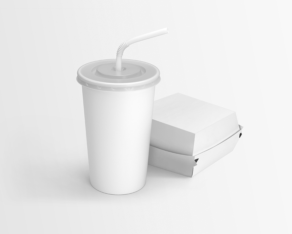 Perspective View of a Soda Cup and a Burger Box Mockup