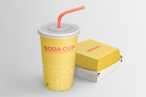 Perspective View of a Soda Cup and a Burger Box Mockup