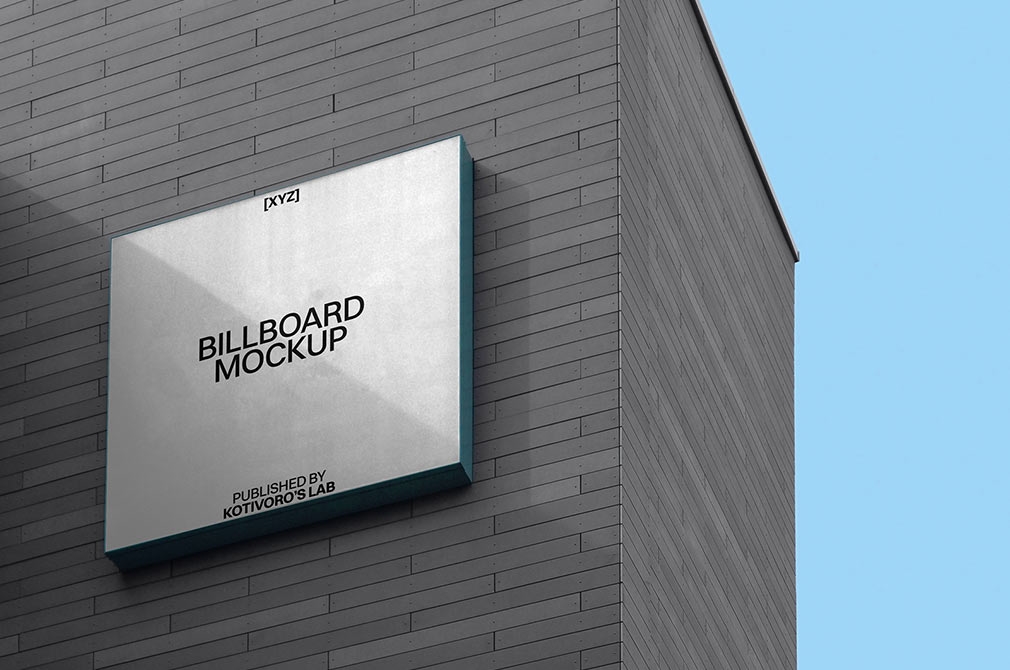 Perspective View of a Square Wall-mounted Billboard Mockup