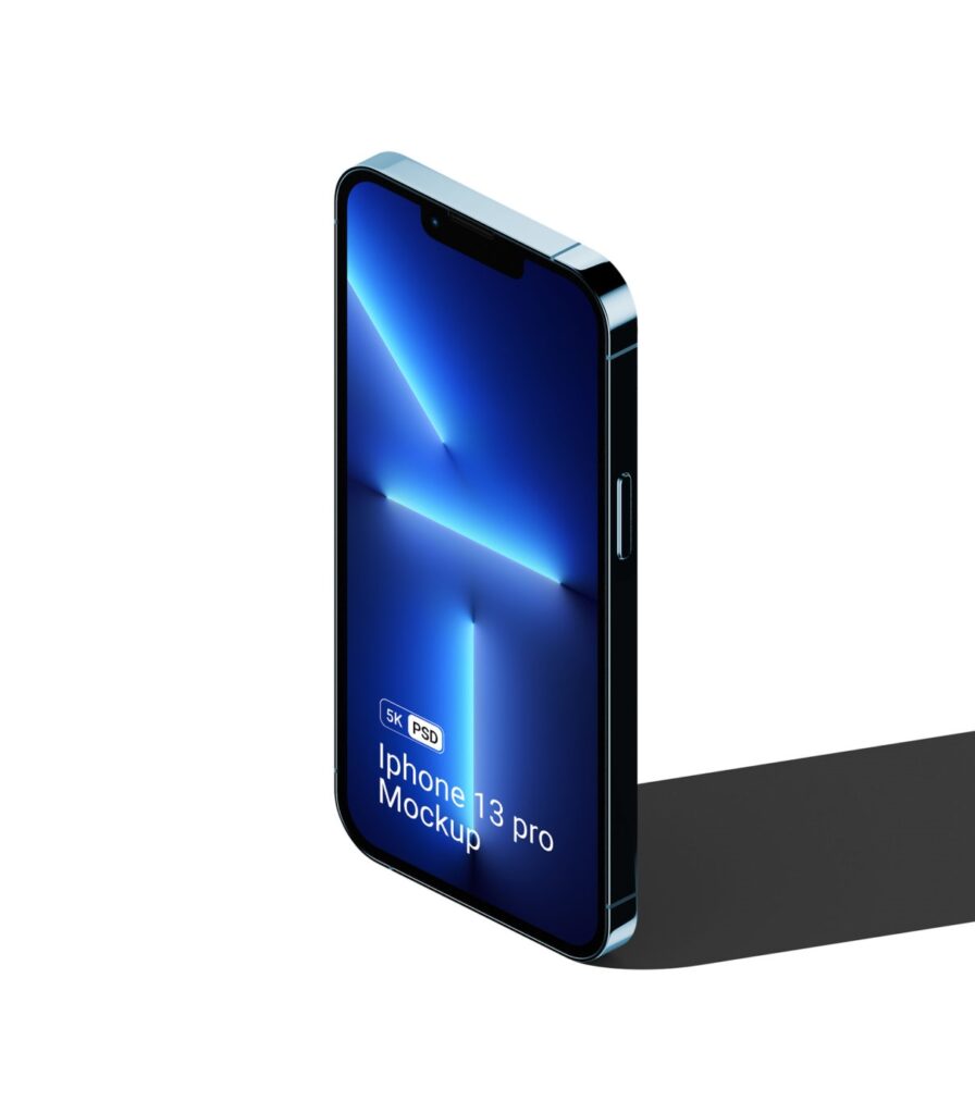 Perspective View of a Standing iPhone 13 Pro Mockup