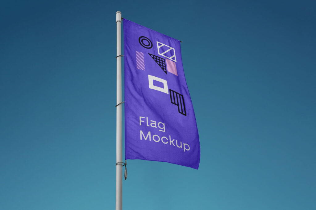 Perspective View of a Vertical Wrinkled Pole Flag Mockup