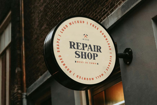 Perspective View of a Vintage Round Shop Signage Mockup