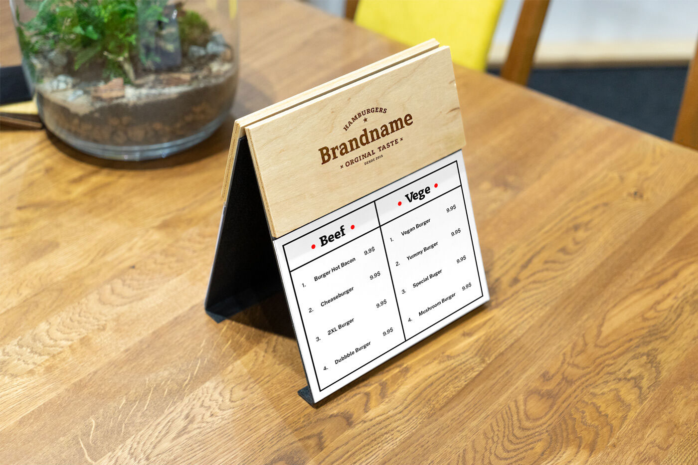 Perspective View of a Wooden Menu Mockup on Table FREE PSD