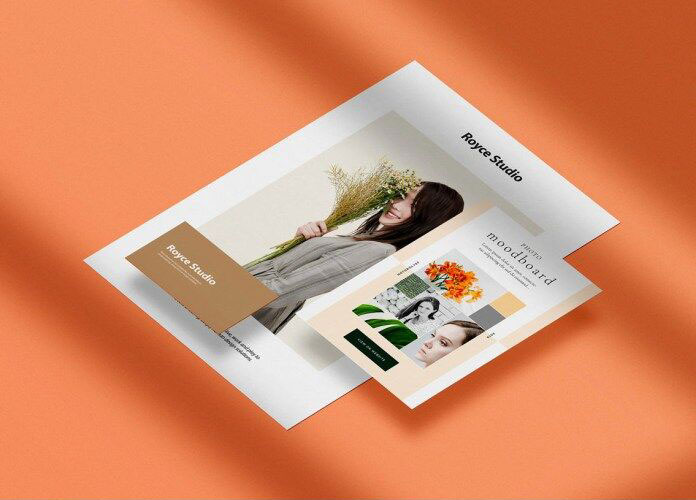 Perspective View of A4 and A5 Papers with Business Card Mockup