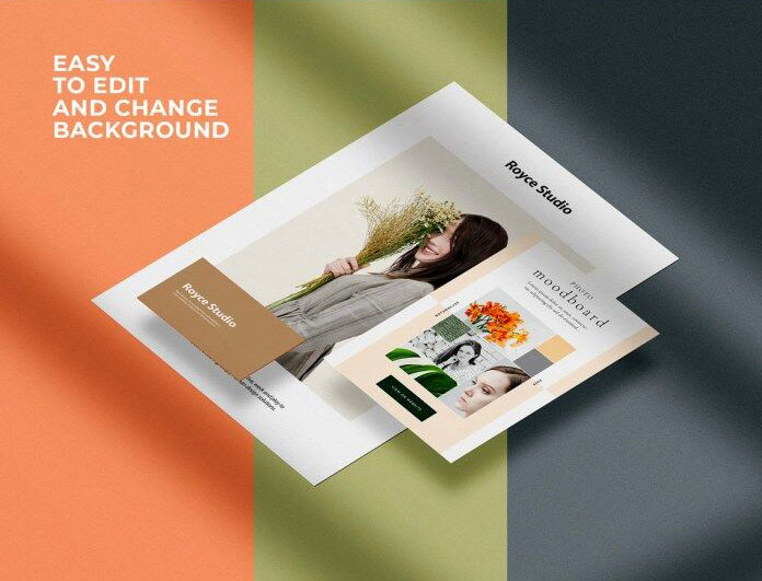 Perspective View of A4 and A5 Papers with Business Card Mockup