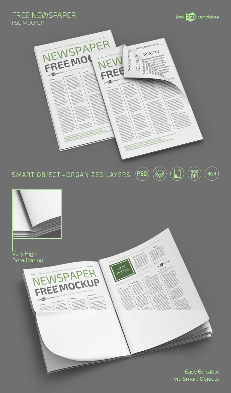 Perspective View of an Open Newspaper and Two Close Newspapers Mockups FREE PSD