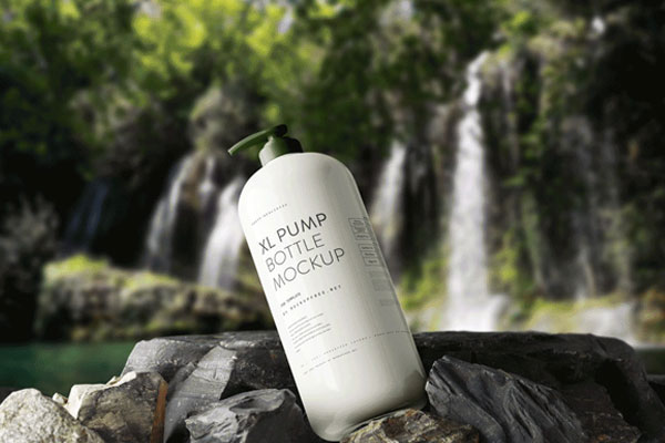 Perspective View of Animated Plastic Pump Bottle Mockup mockup preview