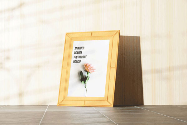 Perspective View of Animated Wooden Photo Frame Mockup