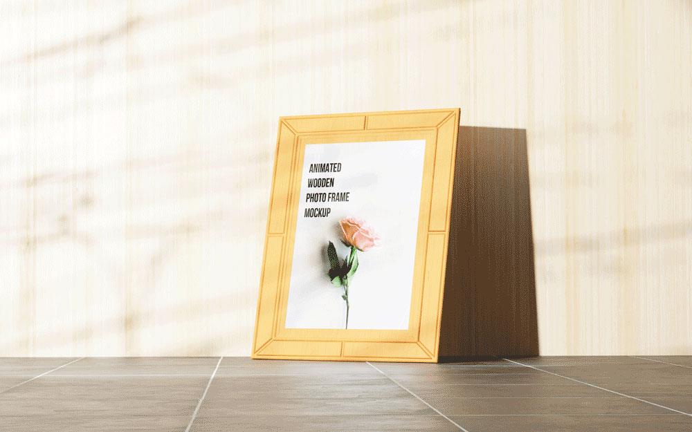 Perspective View of Animated Wooden Photo Frame Mockup