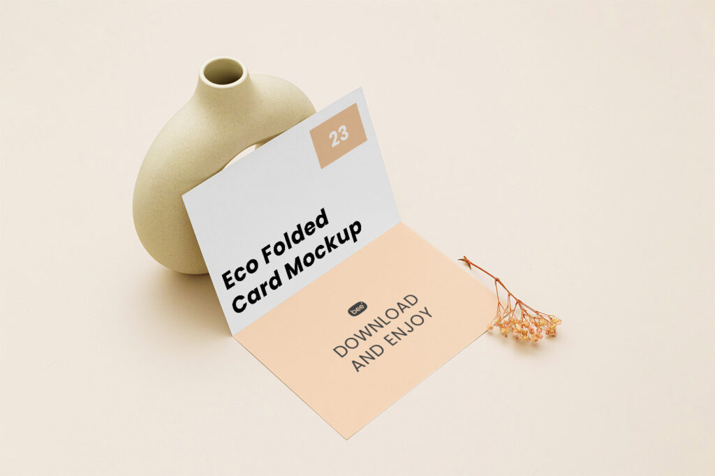 Perspective View of Bi-Fold Brochure Mockup with Vase