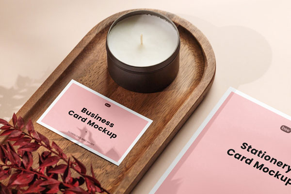 Perspective View of Business Card Mockup with Small Candle