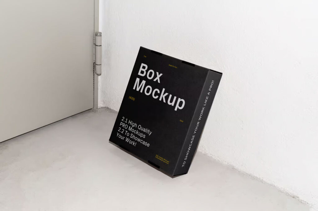Perspective View of Cardboard Box Mockup Leaning against Wall