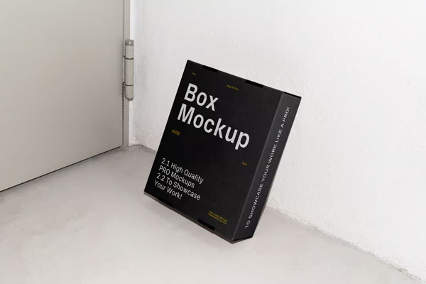 Perspective View of Cardboard Box Mockup Leaning against Wall