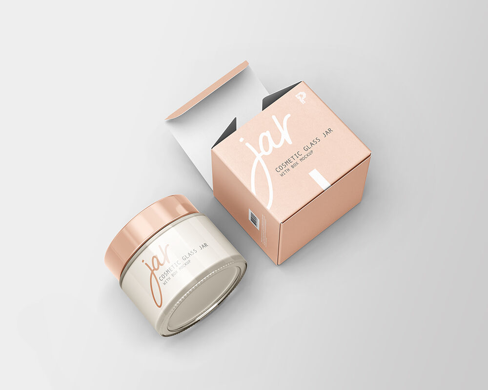 Perspective View of Cosmetic Glass Jar and Box Mockup