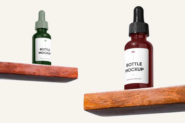 Perspective View of Dropper Bottle Mockups on Shelf mockup preview