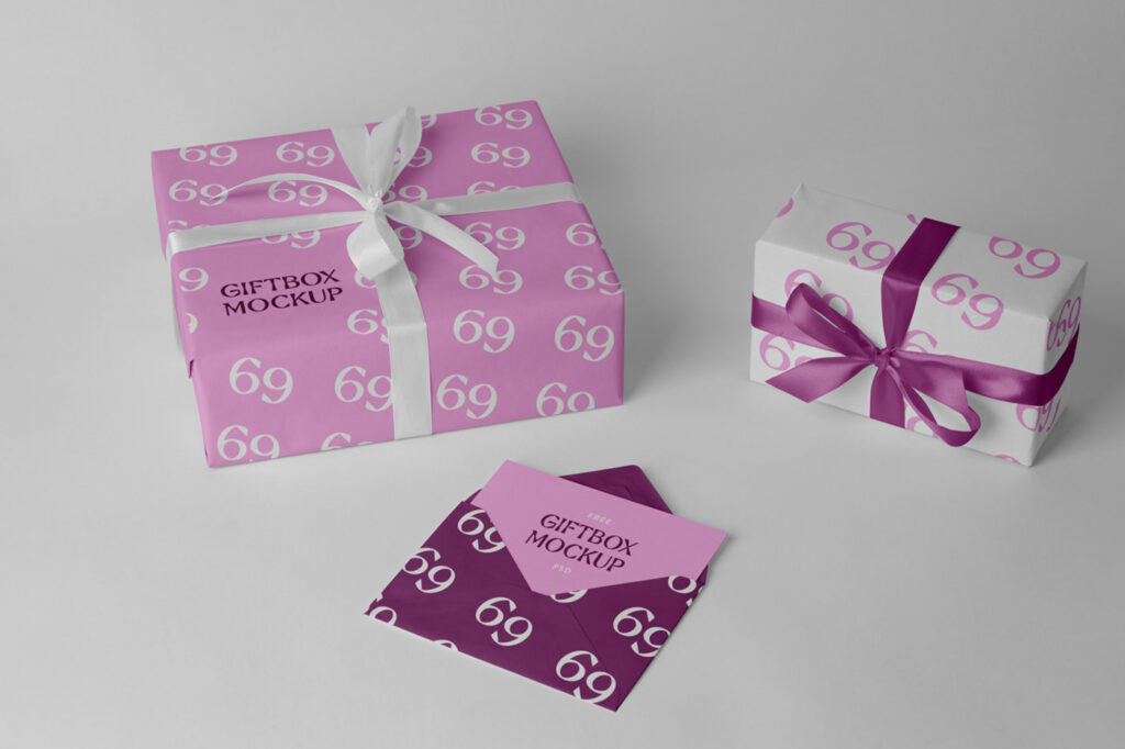 Perspective View of Envelope with Two Gift Boxes Mockup