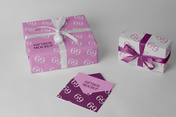 Perspective View of Envelope with Two Gift Boxes Mockup