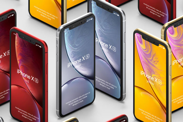 Perspective View of Grid of Isometric iPhone XR Mockup