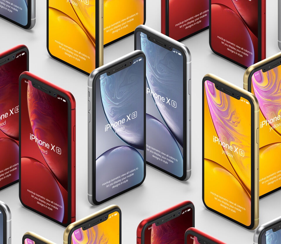 Perspective View of Grid of Isometric iPhone XR Mockup