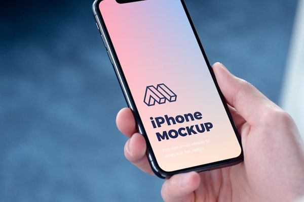 Perspective View of Hand Holding iPhone Mockup