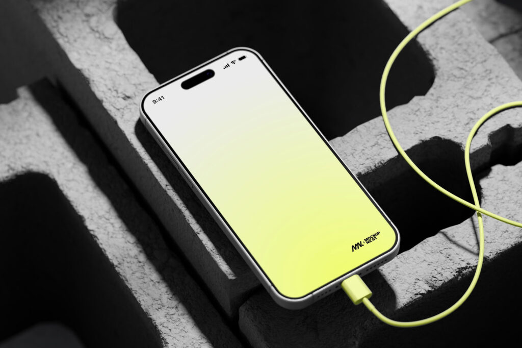 Perspective View of iPhone 15 Pro Mockup on Bricks
