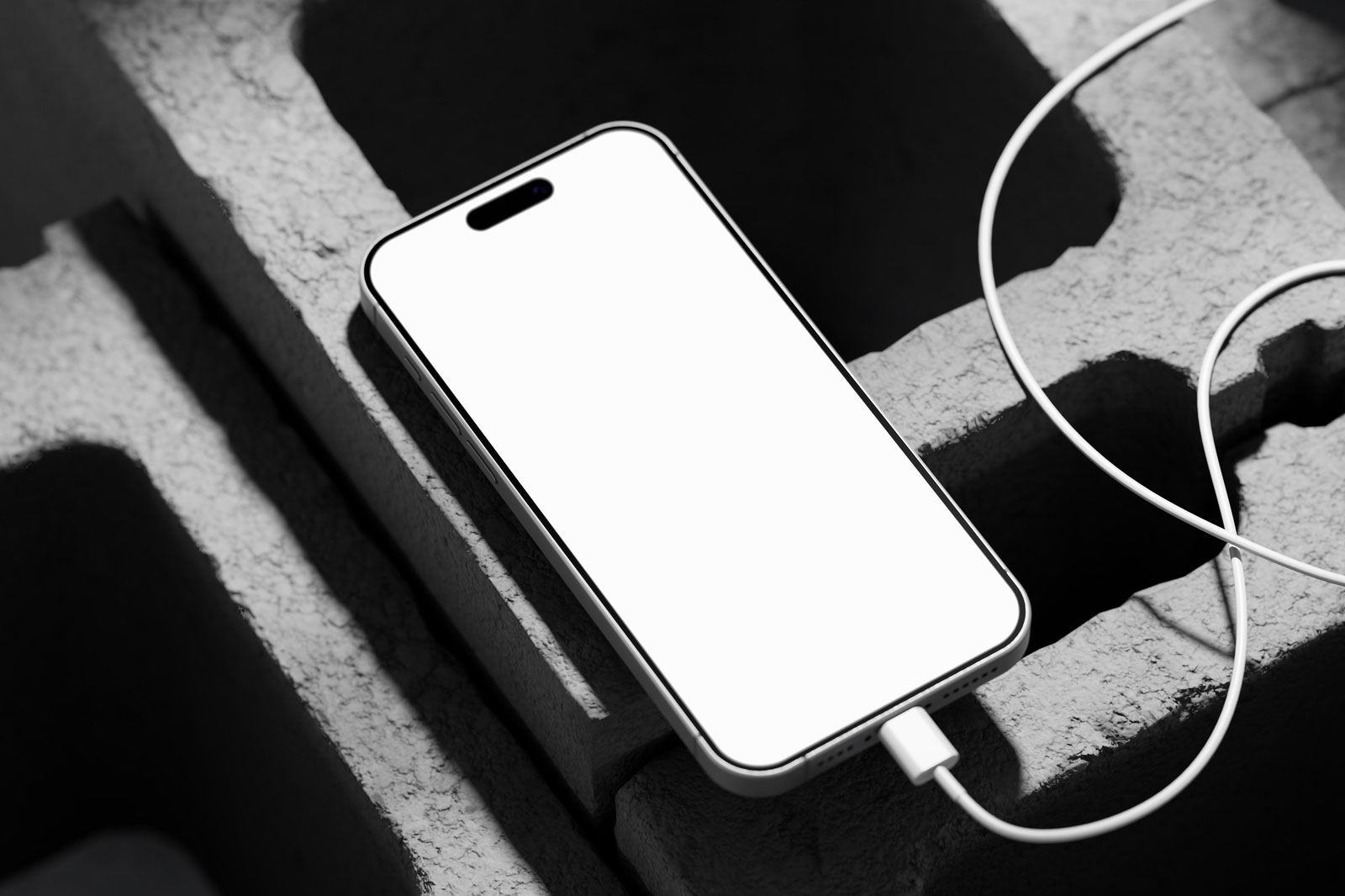 Free Perspective View of iPhone 15 Pro Mockup on Bricks PSD Template