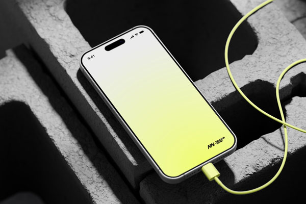 Perspective View of iPhone 15 Pro Mockup on Bricks