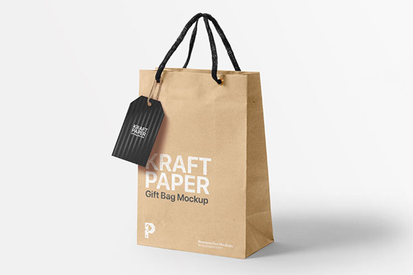 Perspective View of Kraft Paper Gift Bag and Label Tag Mockup