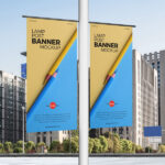 Perspective View of Lamp Post Banners in City Mockup