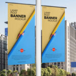Perspective View of Lamp Post Banners in City Mockup