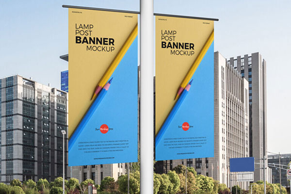Perspective View of Lamp Post Banners in City Mockup