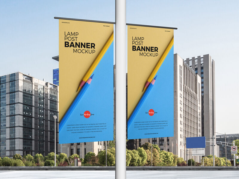 Perspective View of Lamp Post Banners in City Mockup