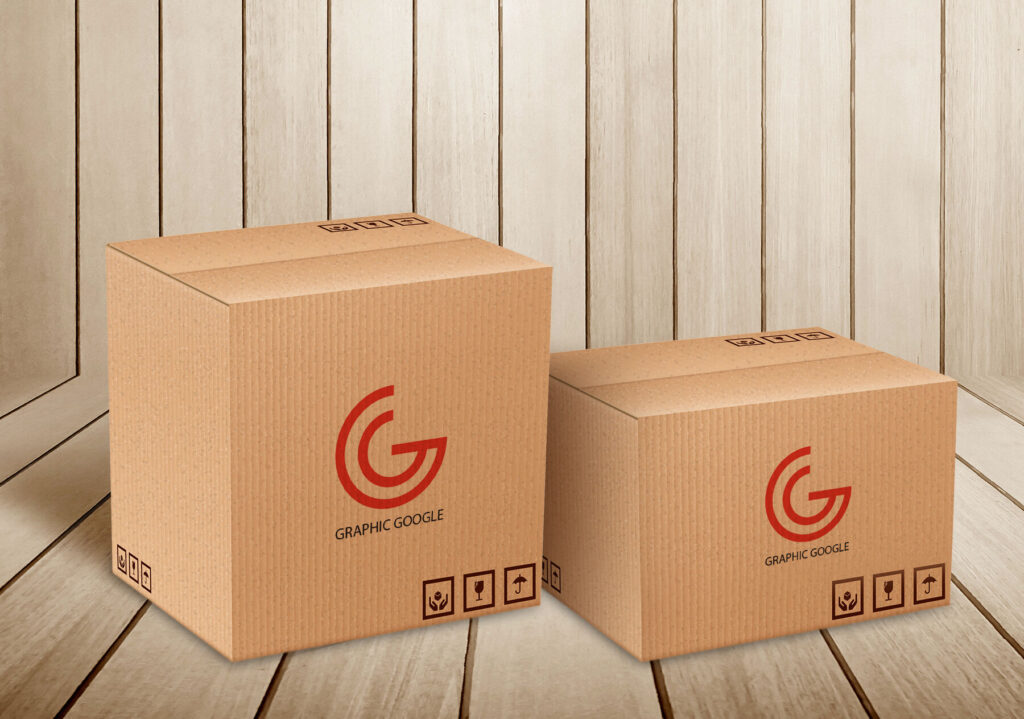 Perspective View of Logos on Two Delivery Packaging Box Mockup