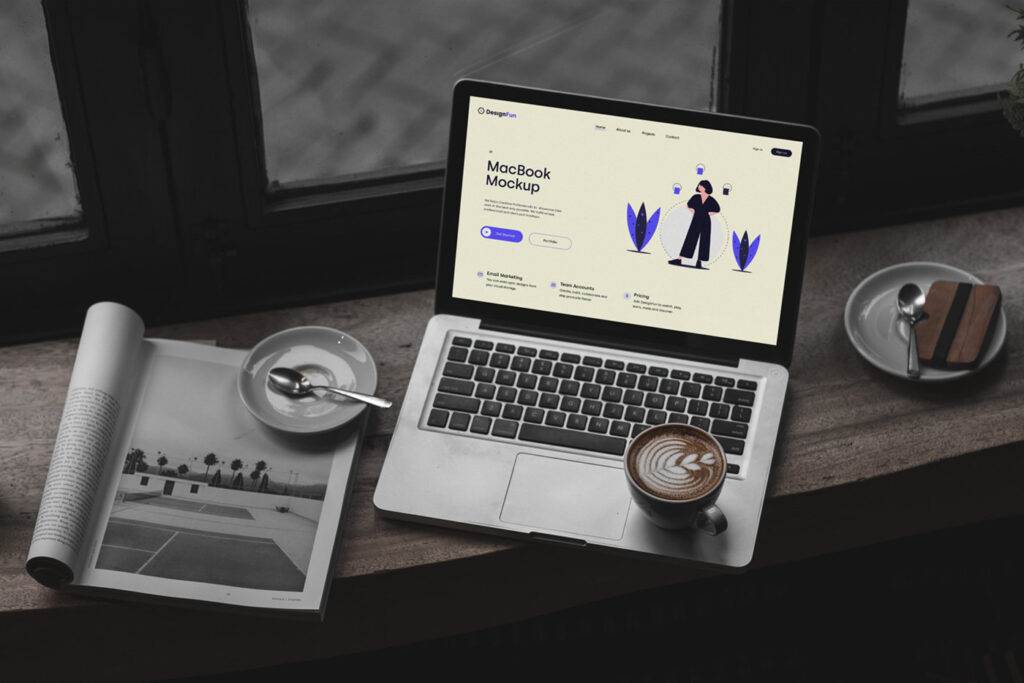 Perspective View of MacBook Mockup in Cafe