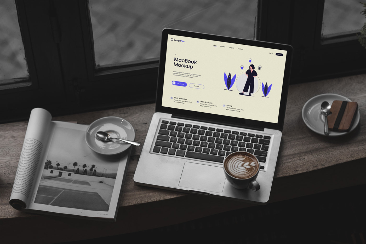 Perspective View of Macbook Mockup in Cafe FREE PSD