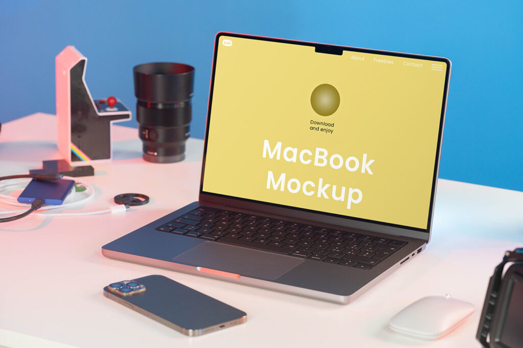 Perspective View of MacBook Mockup in Studio