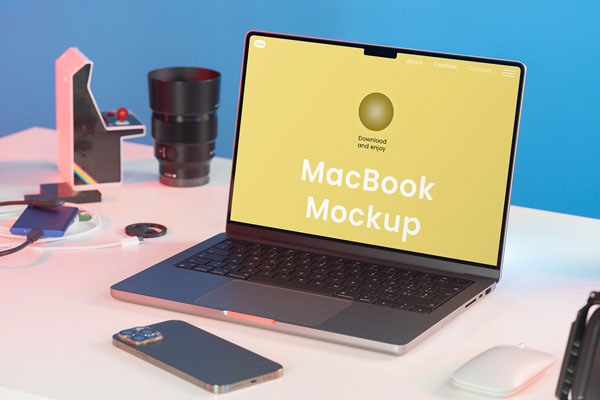 Perspective View of MacBook Mockup in Studio