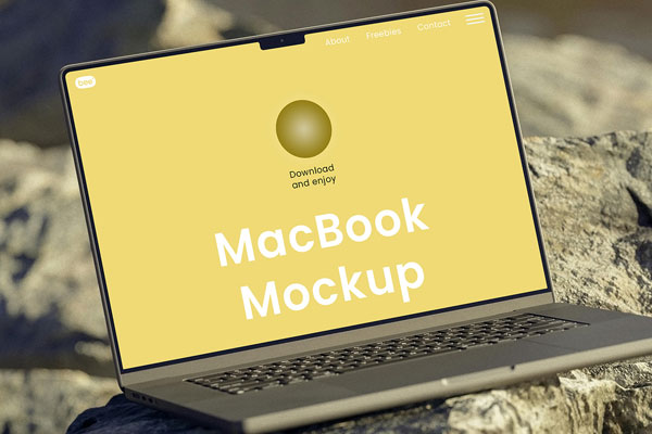 Perspective View of MacBook Mockup on Rock