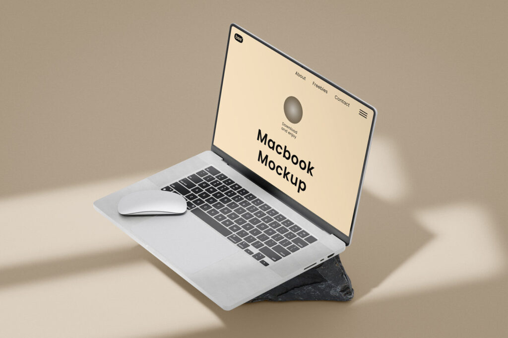 Perspective View of MacBook Mockup with Mouse