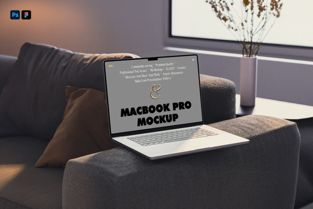 Perspective View of MacBook Pro Mockup on Couch