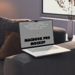 Perspective View of MacBook Pro Mockup on Couch