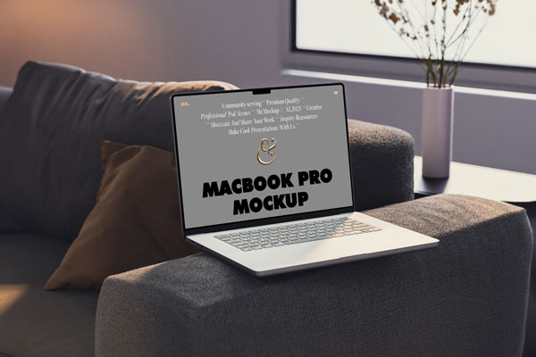 Perspective View of MacBook Pro Mockup on Couch