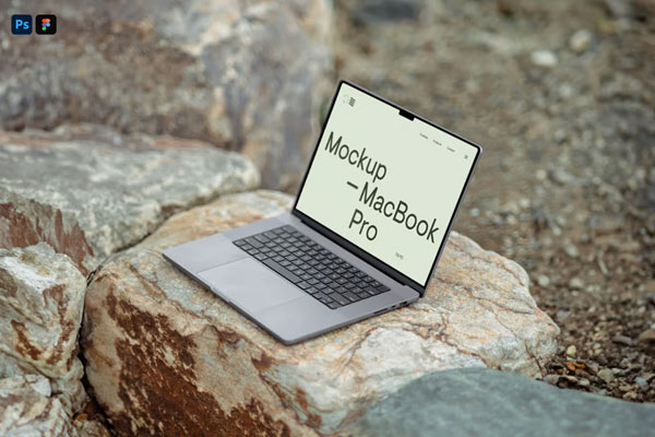 Perspective View of MacBook Pro Mockup on Rock mockup preview