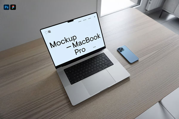 Perspective View of MacBook Pro Mockup on Table
