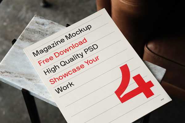 Perspective View of Magazine Mockup on Marble Table