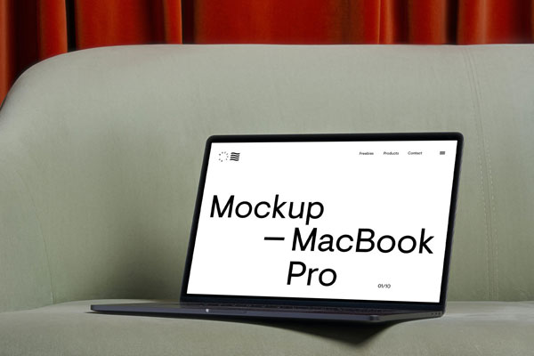 Perspective View of Modern MacBook Pro Mockup on Sofa